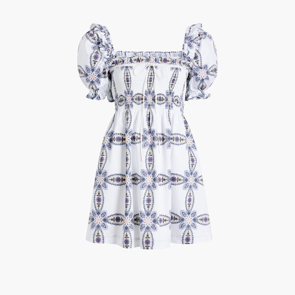Hill House White Mini Dress with Blue and Purple Floral Medallions